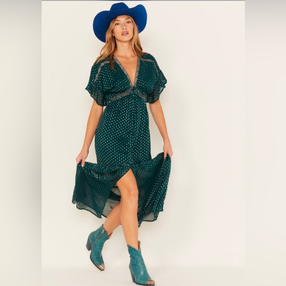 Women’s Teal Polka Dot V-Neck Midi Dress